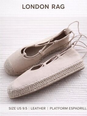 London Rag Lace Up Espadrille Platform Ballet Flats Beige Leather 9.5